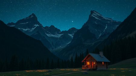 Mountain landscape with old wooden house in the mountains at night.の写真素材