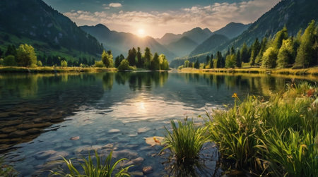 Mountain lake in the Alps at sunset. Landscape with lake and forest.の写真素材