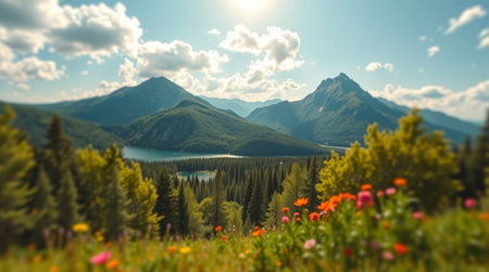 Panoramic view of the lake and mountains in the Canadian Rockiesの写真素材