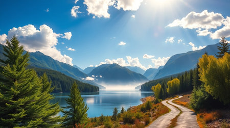 Panoramic view of the lake in the mountains. Beautiful nature landscape.の写真素材