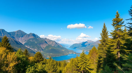 Panoramic view of a lake surrounded by mountains and greenery under a blue sky with some clouds.の写真素材