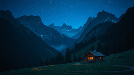 Mountain hut in front of the starry sky at night.の写真素材