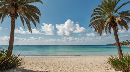Palm trees on the beach of the Caribbean island of Barbadosの写真素材