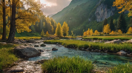 Beautiful view of the mountain river in autumn. Beautiful landscape with a mountain river