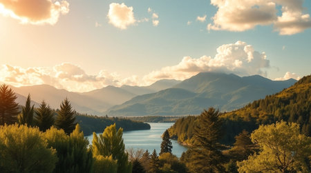 Panoramic view of the lake and mountains at sunset in New Zealandの写真素材