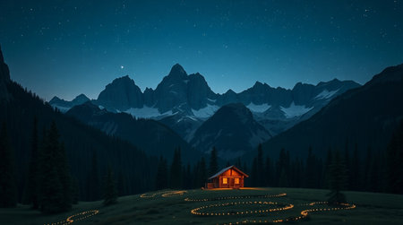 Mountain hut in the middle of the forest at night with starry skyの写真素材