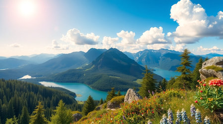 Panoramic view of the lake in the mountains. Beautiful summer landscape.の写真素材