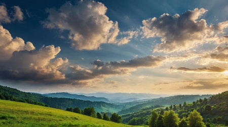 Majestic sunset in the mountains landscape. Dramatic sky. Carpathian, Ukraine, Europe. Beauty world.の写真素材