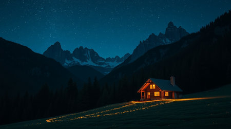 Lonely house in the mountains at night with starry skyの写真素材
