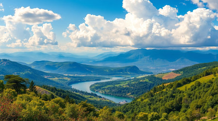 Panoramic view of the lake in the Carpathian mountainsの写真素材