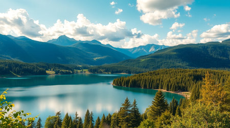 Panoramic view of turquoise lake in the mountains.
