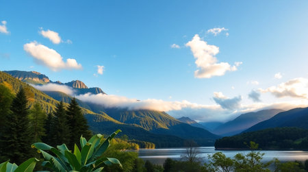 Beautiful mountain landscape with lake and blue sky with clouds at sunsetの写真素材