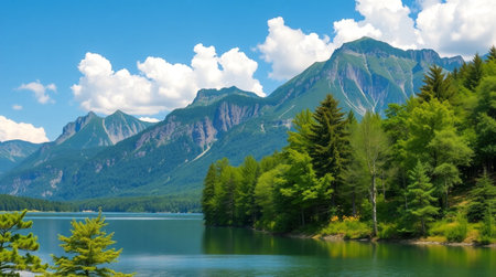 Mountain landscape with a lake in the foreground and clouds in the sky