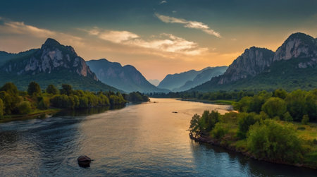 Panoramic view of river and mountains at sunset. Nature composition.の写真素材