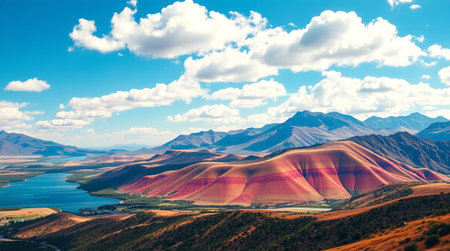 Beautiful mountain landscape with lake and colorful hills in Tibet, Chinaの写真素材