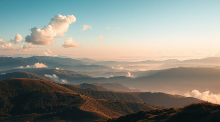 Mountain landscape at sunrise. Panoramic view of the mountains.の写真素材