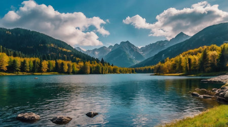 Panoramic view of alpine lake in autumn, Bavaria, Germanyの写真素材