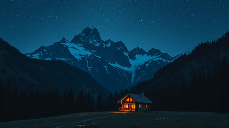Mountain hut at night with starry sky and mountains in the backgroundの写真素材