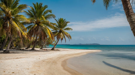 Tropical beach with coconut palm trees at Seychellesの写真素材