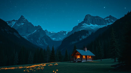 Night landscape with a wooden house in the middle of the mountains.の写真素材
