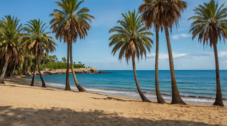 Tropical beach with palm trees and turquoise sea in the backgroundの写真素材