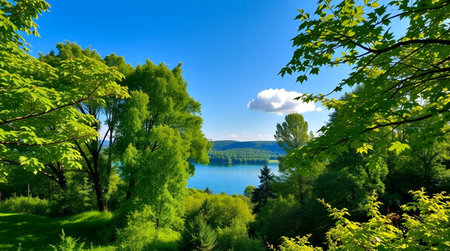 Beautiful landscape with lake and trees in the forest on a sunny dayの写真素材