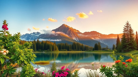 Beautiful panoramic view of alpine lake in the mountains at sunset.の写真素材