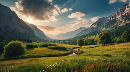Panoramic view of alpine meadow and forest in Dolomites, Italyの写真素材
