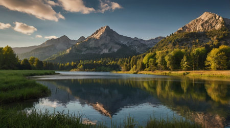 Panoramic view of a mountain lake in the Dolomitesの写真素材