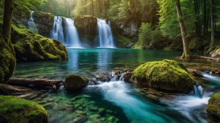 Beautiful waterfall in the forest. Soft focus. Long exposure.の写真素材