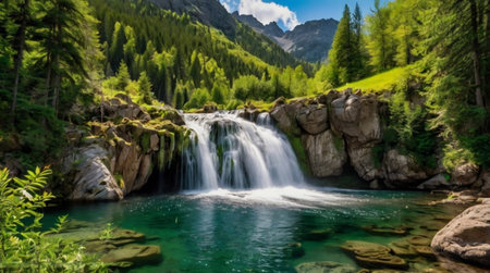 Panoramic view of a waterfall in the Alps, Italyの写真素材