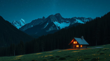 Mountain hut in the mountains at night with starry sky.の写真素材