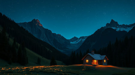 Night view of alpine cottage in the mountains at night with starry skyの写真素材