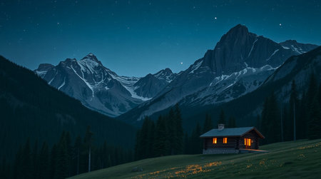 Cottage in the mountains at night with starry sky and moonの写真素材