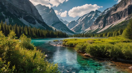 Panoramic view of turquoise mountain lake in the mountainsの写真素材