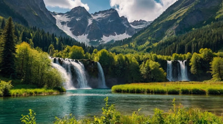 Panoramic view of the waterfall in the Alps, Switzerland.の写真素材