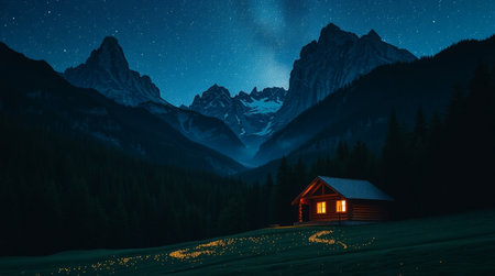 Night view of alpine hut in front of Dolomites mountainsの写真素材