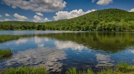 Lake in the mountains. Blue sky with clouds reflected in the water.