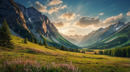 Summer landscape in the Dolomites, Italy. Panoramic viewの写真素材