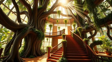 3D render of a beautiful fantasy garden with stairs and green plantsの写真素材