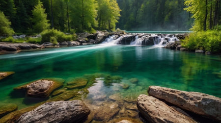 Beautiful waterfall in the Carpathian Mountains, Transylvania, Romaniaの写真素材