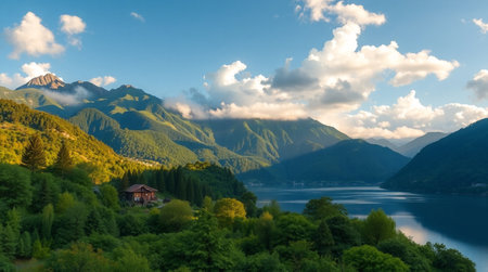Lake Como panorama with mountains in the background, Italy.の写真素材