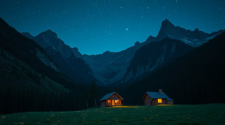 Fantastic night landscape with a small alpine cottage in the mountainsの写真素材