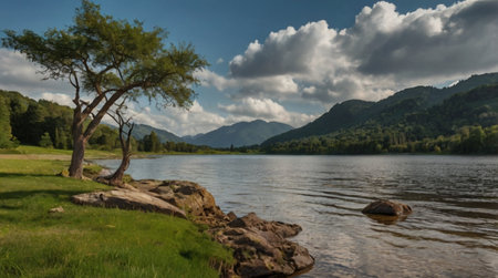 Panoramic view of the lake and mountains in the background.の写真素材