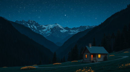 Cottage in the mountains at night with starry sky and snowの写真素材