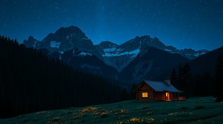 Beautiful mountain landscape with wooden house in the mountains at night.の写真素材