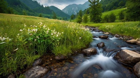mountain river in summer with green grass and flowers, panoramaの写真素材