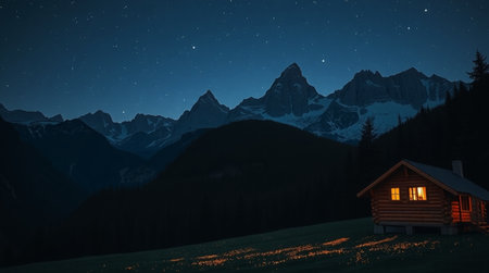 Wooden cabin in the mountains at night with starry sky.