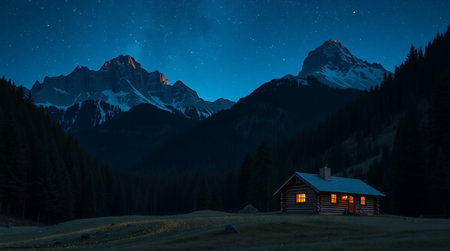 Mountain hut in the middle of the night with starry skyの写真素材
