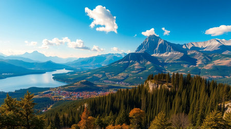 Autumn landscape with lake and mountains in the backgroundの写真素材